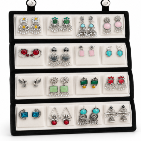 Oxidised Silver Jhumka Earrings Box for Women | 16 Pairs Jhumkha Combo with Velvet Box