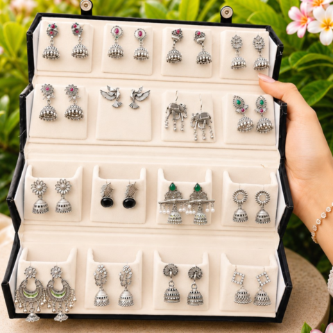Oxidised Silver Jhumka Earrings Box for Women | 16 Pairs Jhumkha Combo with Velvet Box